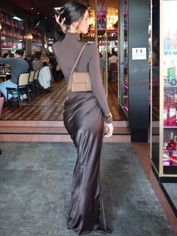 Turtleneck Satin Hollow Out Zipper Maxi Dress Women Black Patchwork Long Sleeve Slim Elegant Party Evening Dress Sexy