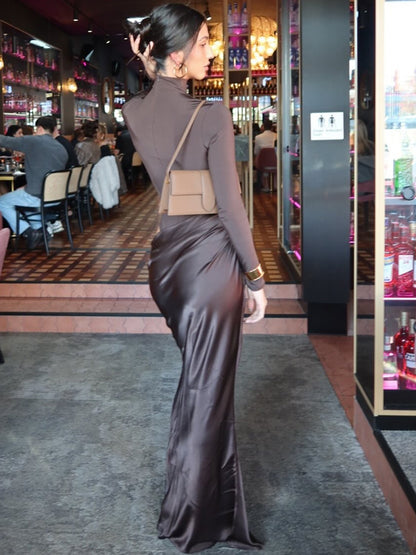 Turtleneck Satin Hollow Out Zipper Maxi Dress Women Black Patchwork Long Sleeve Slim Elegant Party Evening Dress Sexy