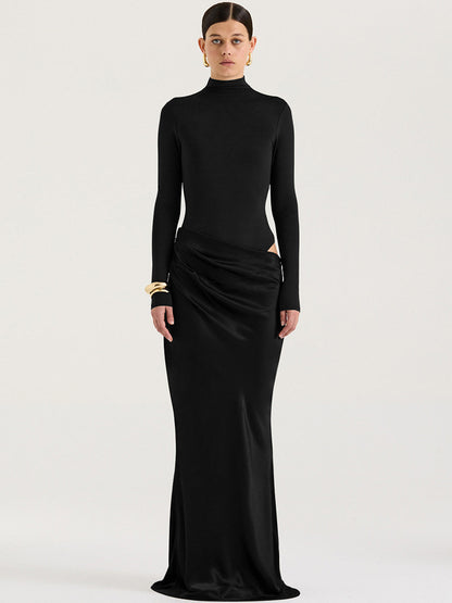 Turtleneck Satin Hollow Out Zipper Maxi Dress Women Black Patchwork Long Sleeve Slim Elegant Party Evening Dress Sexy