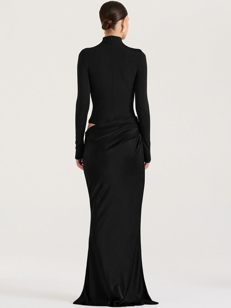 Turtleneck Satin Hollow Out Zipper Maxi Dress Women Black Patchwork Long Sleeve Slim Elegant Party Evening Dress Sexy