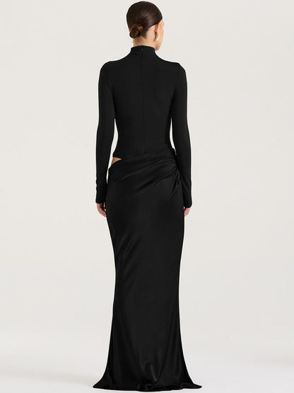 Turtleneck Satin Hollow Out Zipper Maxi Dress Women Black Patchwork Long Sleeve Slim Elegant Party Evening Dress Sexy