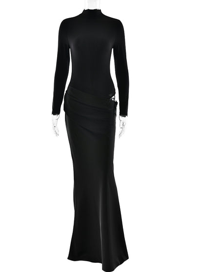 Turtleneck Satin Hollow Out Zipper Maxi Dress Women Black Patchwork Long Sleeve Slim Elegant Party Evening Dress Sexy