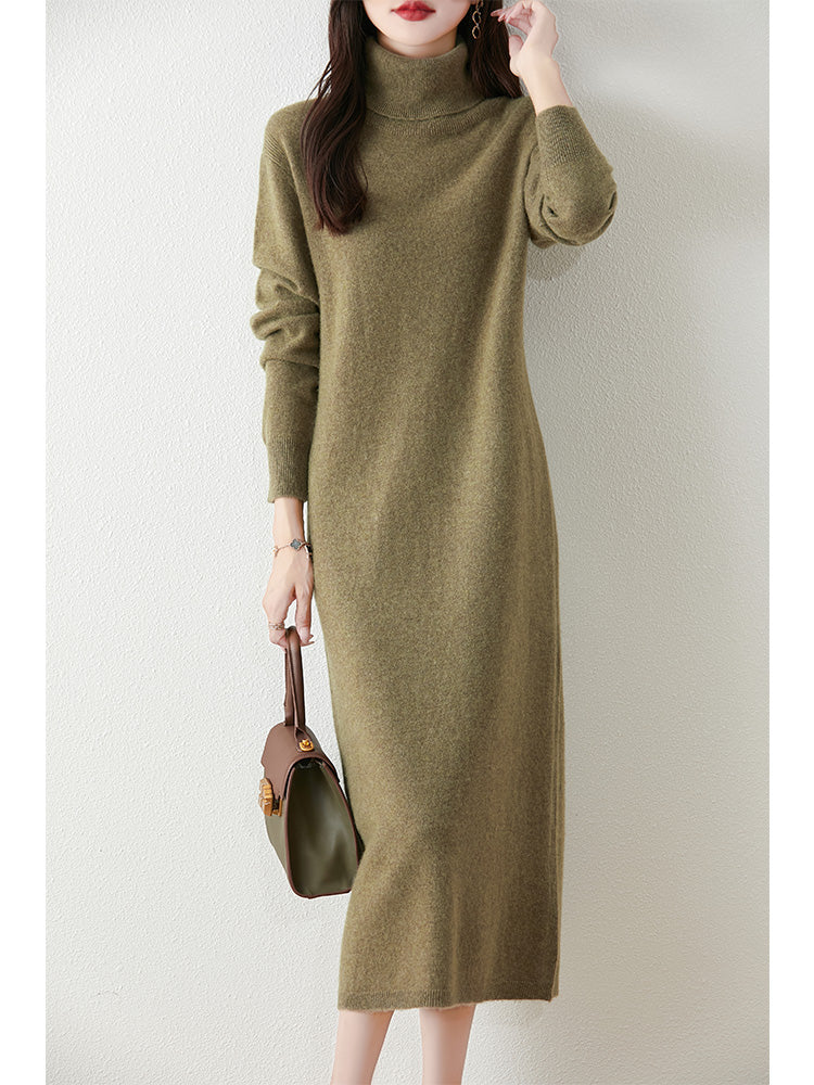 Autumn Winter Women Wool Sweater Dress Pullovers Turtleneck Straight Skirts Cashmere Versatile Merino Knitwear Dress