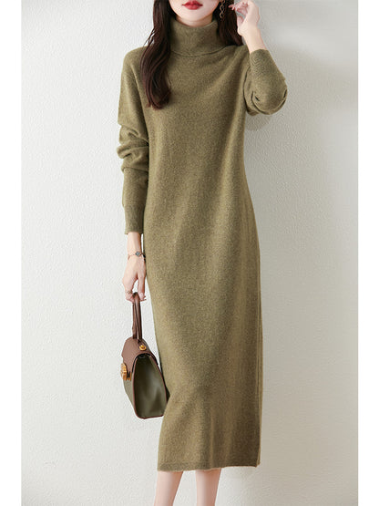 Autumn Winter Women Wool Sweater Dress Pullovers Turtleneck Straight Skirts Cashmere Versatile Merino Knitwear Dress