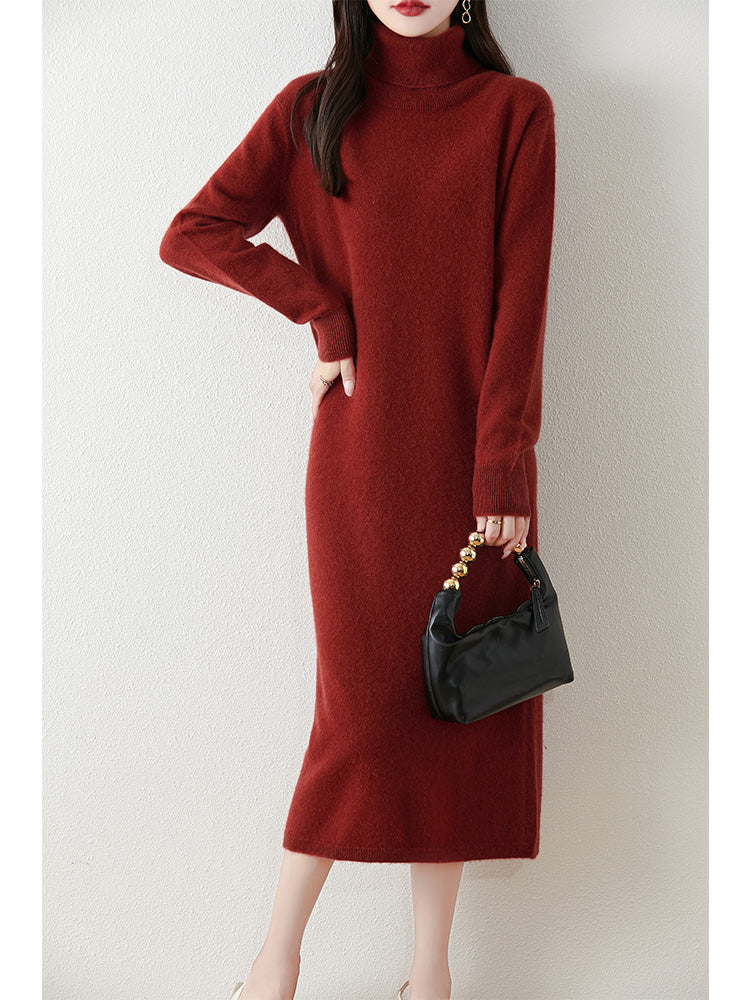 Autumn Winter Women Wool Sweater Dress Pullovers Turtleneck Straight Skirts Cashmere Versatile Merino Knitwear Dress