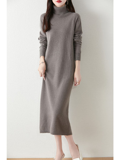 Autumn Winter Women Wool Sweater Dress Pullovers Turtleneck Straight Skirts Cashmere Versatile Merino Knitwear Dress