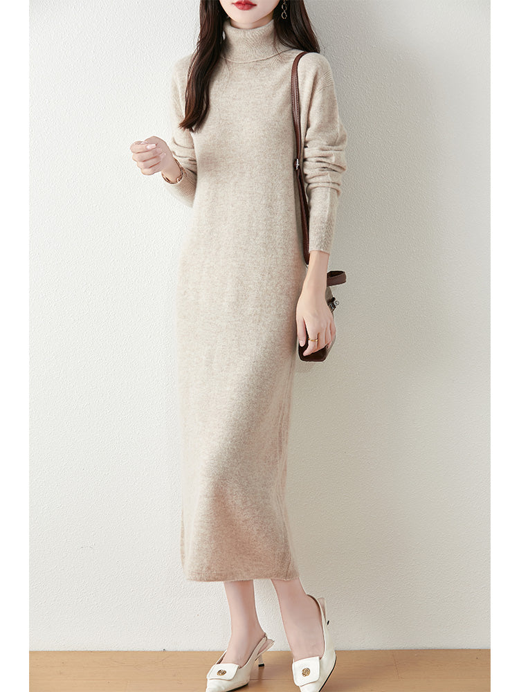 Autumn Winter Women Wool Sweater Dress Pullovers Turtleneck Straight Skirts Cashmere Versatile Merino Knitwear Dress
