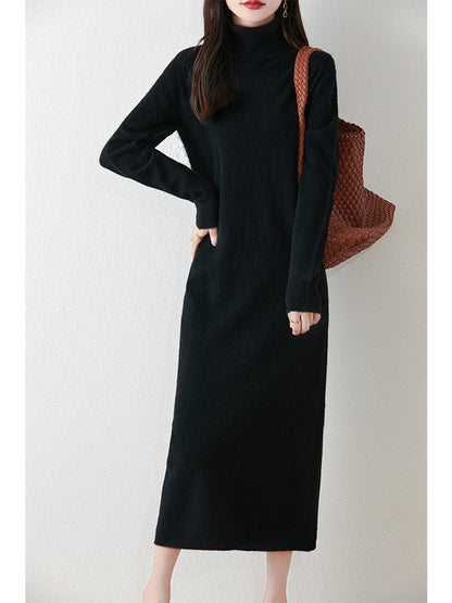 Autumn Winter Women Wool Sweater Dress Pullovers Turtleneck Straight Skirts Cashmere Versatile Merino Knitwear Dress