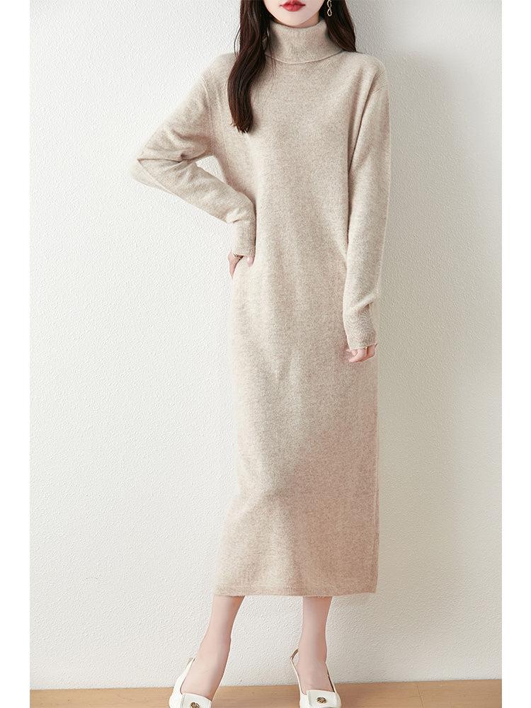 Autumn Winter Women Wool Sweater Dress Pullovers Turtleneck Straight Skirts Cashmere Versatile Merino Knitwear Dress