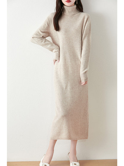 Autumn Winter Women Wool Sweater Dress Pullovers Turtleneck Straight Skirts Cashmere Versatile Merino Knitwear Dress