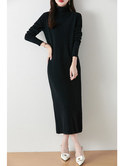 Autumn Winter Women Wool Sweater Dress Pullovers Turtleneck Straight Skirts Cashmere Versatile Merino Knitwear Dress