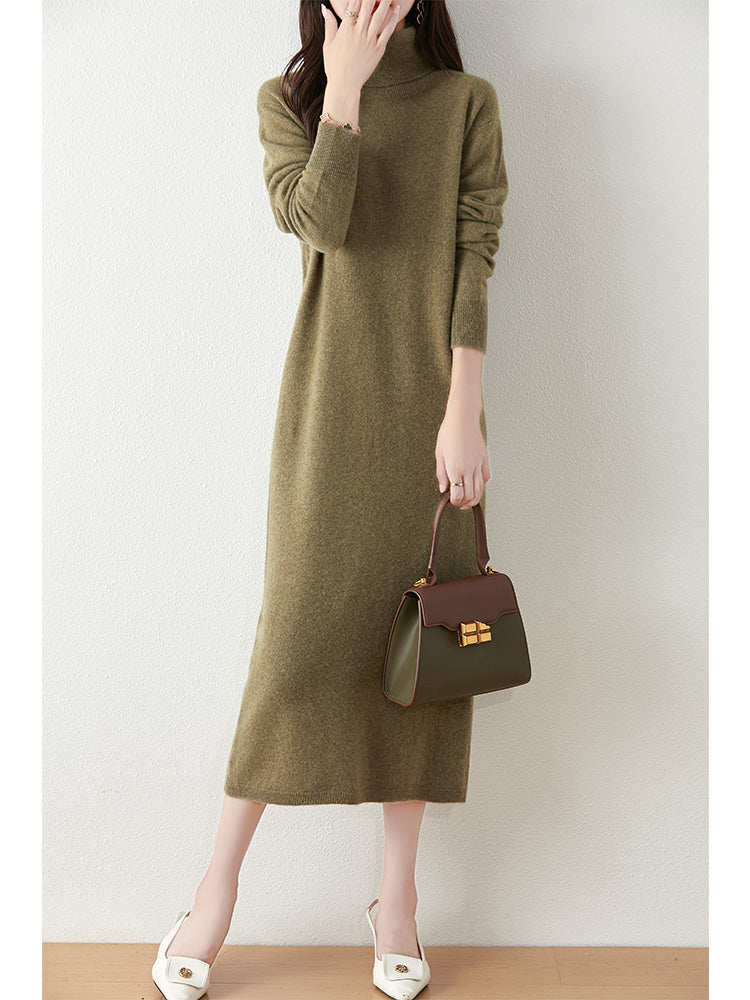 Autumn Winter Women Wool Sweater Dress Pullovers Turtleneck Straight Skirts Cashmere Versatile Merino Knitwear Dress
