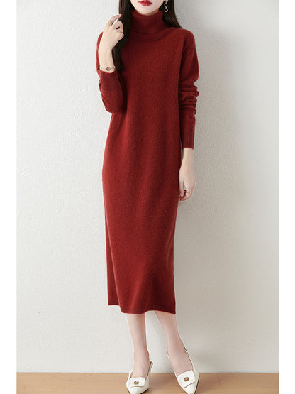 Autumn Winter Women Wool Sweater Dress Pullovers Turtleneck Straight Skirts Cashmere Versatile Merino Knitwear Dress