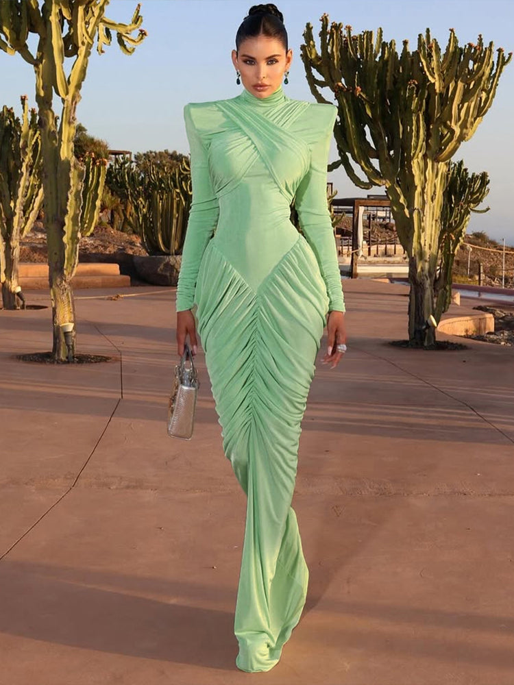 Autumn Weird Puss Maxi Dress Women Turtleneck Full Sleeve Backless Skinny Stretch Party Prom Elegant Ruched Vestidos