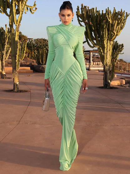 Autumn Weird Puss Maxi Dress Women Turtleneck Full Sleeve Backless Skinny Stretch Party Prom Elegant Ruched Vestidos