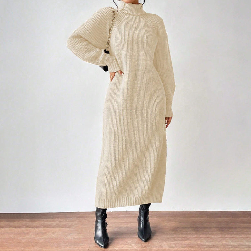 New Winter Knit Dresses Women Turtleneck Style Straight Long Dress Autumn Solid Full Sleeve Thick Casual Vestidos Lady