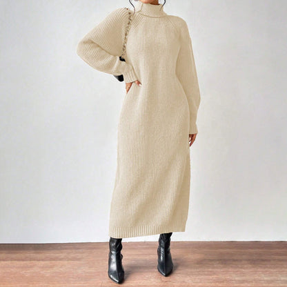 New Winter Knit Dresses Women Turtleneck Style Straight Long Dress Autumn Solid Full Sleeve Thick Casual Vestidos Lady