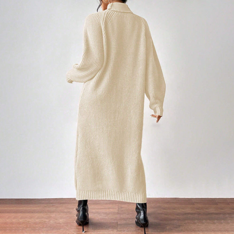 New Winter Knit Dresses Women Turtleneck Style Straight Long Dress Autumn Solid Full Sleeve Thick Casual Vestidos Lady