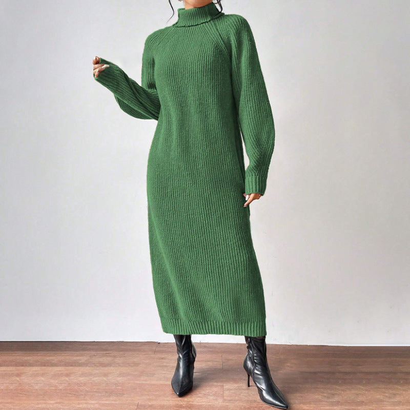 New Winter Knit Dresses Women Turtleneck Style Straight Long Dress Autumn Solid Full Sleeve Thick Casual Vestidos Lady