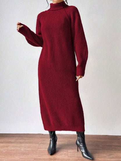 New Winter Knit Dresses Women Turtleneck Style Straight Long Dress Autumn Solid Full Sleeve Thick Casual Vestidos Lady