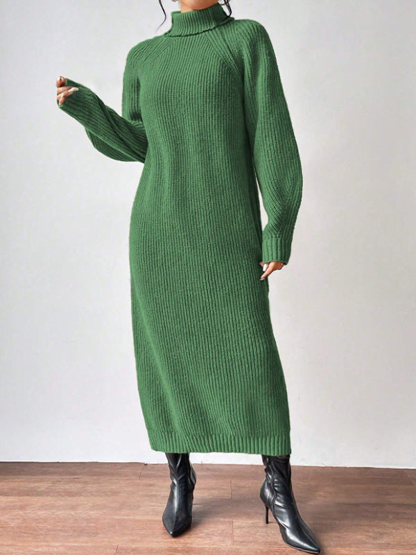 New Winter Knit Dresses Women Turtleneck Style Straight Long Dress Autumn Solid Full Sleeve Thick Casual Vestidos Lady