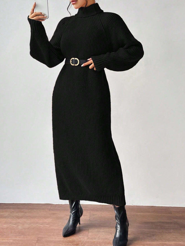 New Winter Knit Dresses Women Turtleneck Style Straight Long Dress Autumn Solid Full Sleeve Thick Casual Vestidos Lady