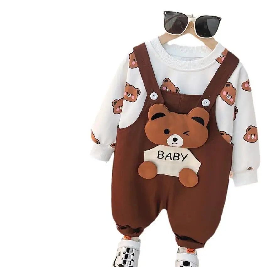Baby Boys 1st Birthday Sets, Korean Style 2PC Outfit with Cute Bear Graphic T-shirt and Denim Overalls, Boutique Kids
