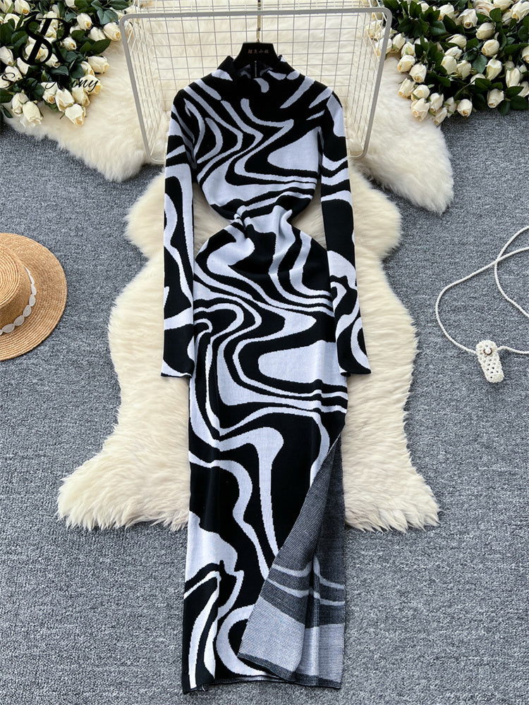 Newest Ladies American Evening Party Dress Turtleneck Zipper Print Bodycon Split Fashion Knitting Long Gown