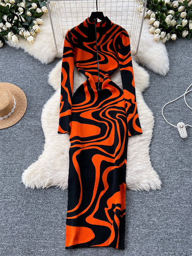 Newest Ladies American Evening Party Dress Turtleneck Zipper Print Bodycon Split Fashion Knitting Long Gown