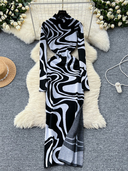 Newest Ladies American Evening Party Dress Turtleneck Zipper Print Bodycon Split Fashion Knitting Long Gown