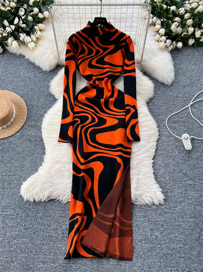 Newest Ladies American Evening Party Dress Turtleneck Zipper Print Bodycon Split Fashion Knitting Long Gown