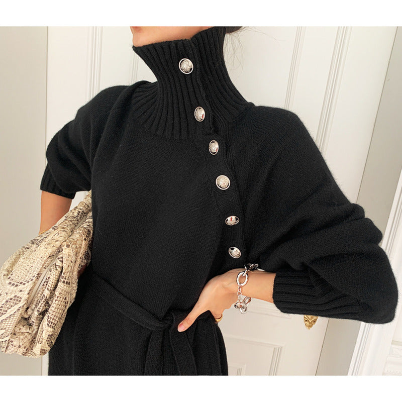 Elegant Dresses for Women Robe Sweater Maxi Dress Female Thick Knitted One-piece Turtleneck Buttons Lace up Autumn