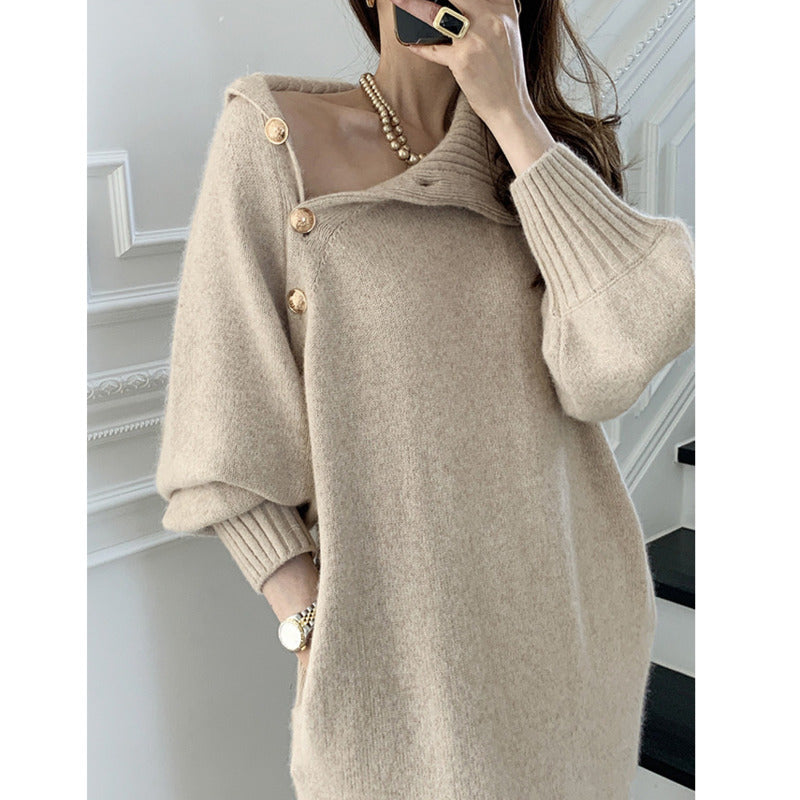Elegant Dresses for Women Robe Sweater Maxi Dress Female Thick Knitted One-piece Turtleneck Buttons Lace up Autumn