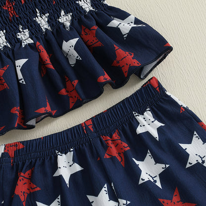 Baby Girl Fourth Outfit, Sleeveless Shirred Cami Top Wide Leg Pants Set, Patriotic Toddler Clothes
