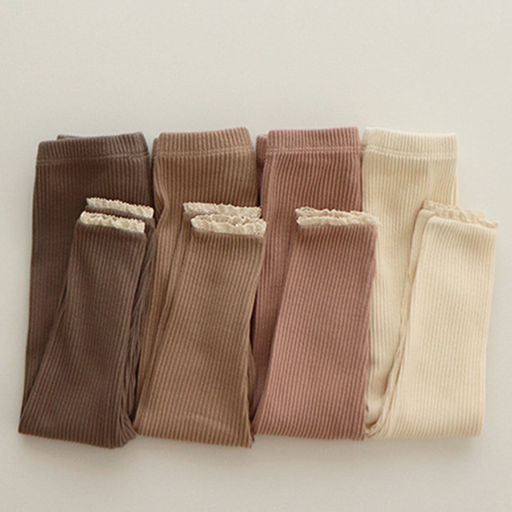Newborn Baby Girl Leggings, Ribbed Cotton Infant Pants with Lace Foot, Mouth Detail, Soft Skinny Baby Clothing