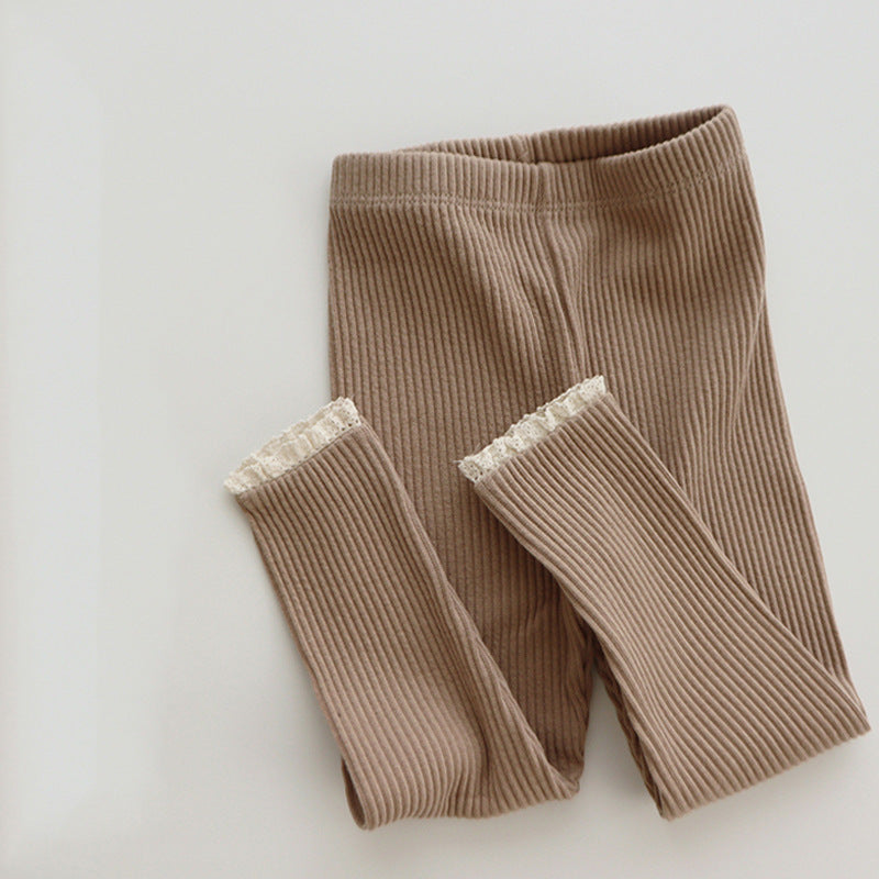 Newborn Baby Girl Leggings, Ribbed Cotton Infant Pants with Lace Foot, Mouth Detail, Soft Skinny Baby Clothing