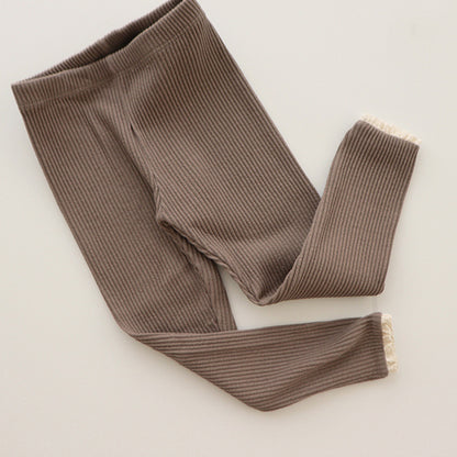 Newborn Baby Girl Leggings, Ribbed Cotton Infant Pants with Lace Foot, Mouth Detail, Soft Skinny Baby Clothing