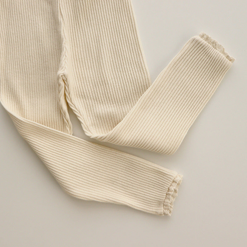 Newborn Baby Girl Leggings, Ribbed Cotton Infant Pants with Lace Foot, Mouth Detail, Soft Skinny Baby Clothing