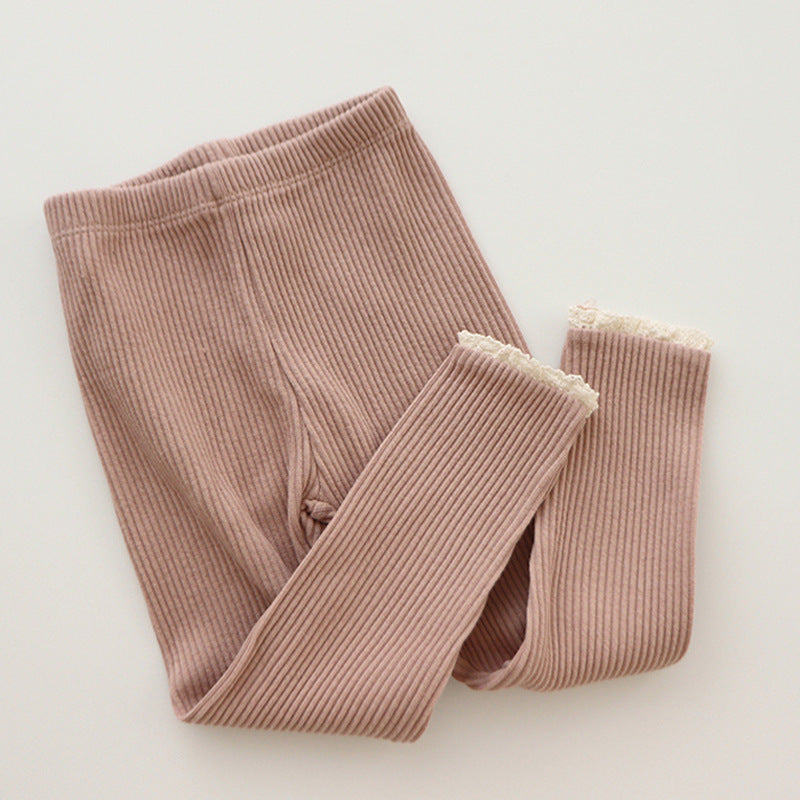 Newborn Baby Girl Leggings, Ribbed Cotton Infant Pants with Lace Foot, Mouth Detail, Soft Skinny Baby Clothing