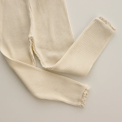 Newborn Baby Girl Leggings, Ribbed Cotton Infant Pants with Lace Foot, Mouth Detail, Soft Skinny Baby Clothing