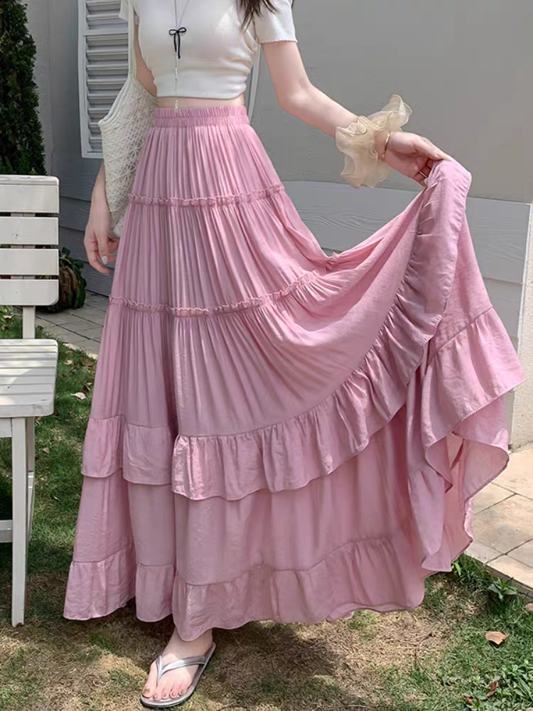 High Waist Flowy A-Line Maxi Skirt, White Tiered Ruffle Hem Skirt, Summer Chiffon Layered Pleated Skirt