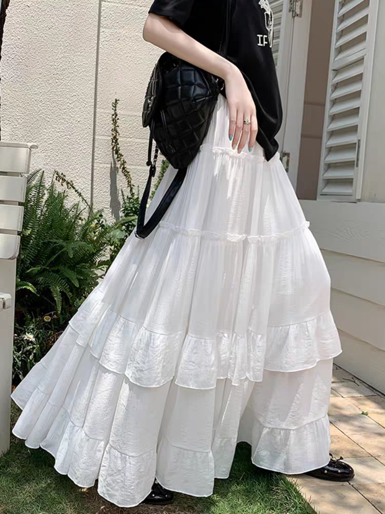 High Waist Flowy ALine Maxi Skirt White Tiered Ruffle Hem Skirt Summer Chiffon Layered Pleated Skir 1