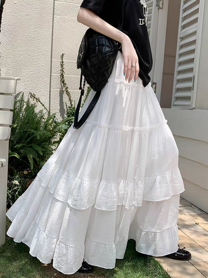 High Waist Flowy ALine Maxi Skirt White Tiered Ruffle Hem Skirt Summer Chiffon Layered Pleated Skir 1