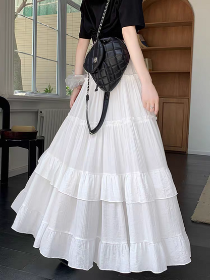 High Waist Flowy ALine Maxi Skirt White Tiered Ruffle Hem Skirt Summer Chiffon Layered Pleated Skir 2