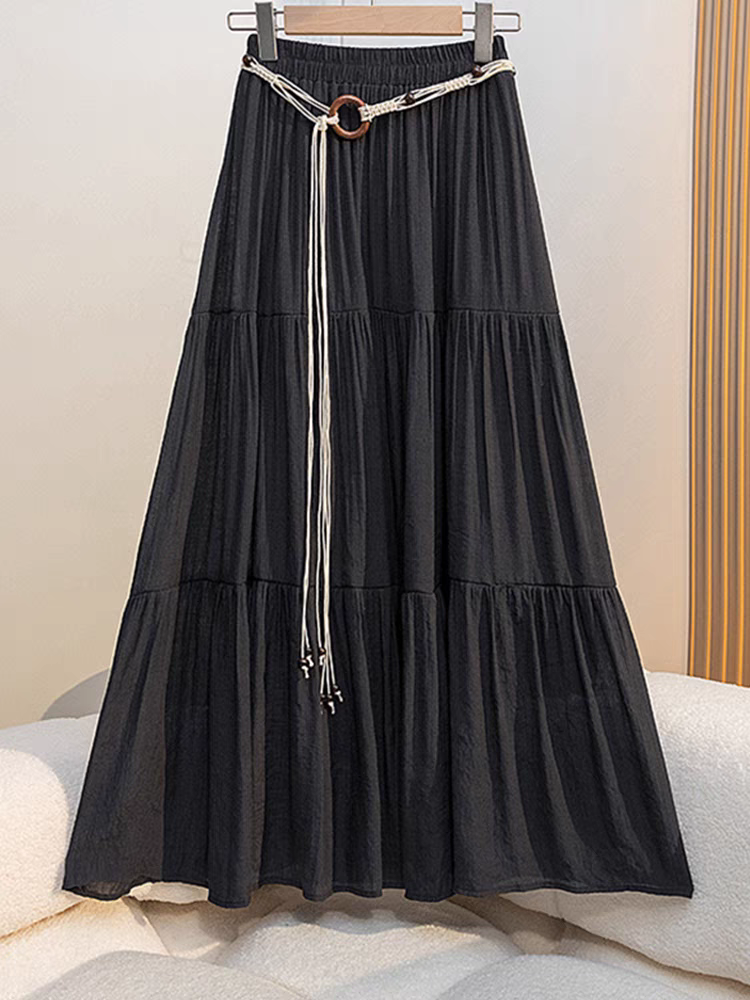 Boho Summer CottonLinen Midi Skirt Flowy Pleated ALine Long Skirt With Slimming Fit Perfect For Vac 1