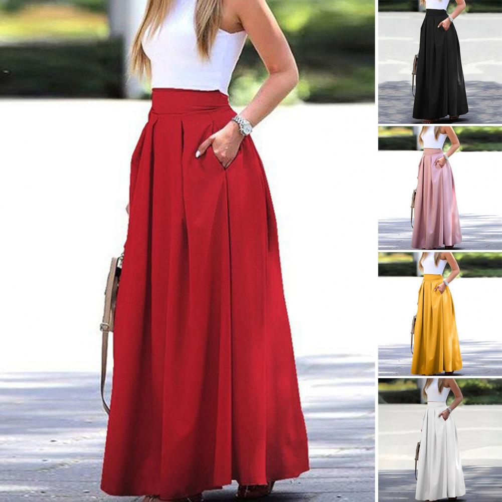 Elegant Flowy High Waist Maxi Skirt for Women, Long Skirt with Pockets, Breathable Slimming Fit for Parties