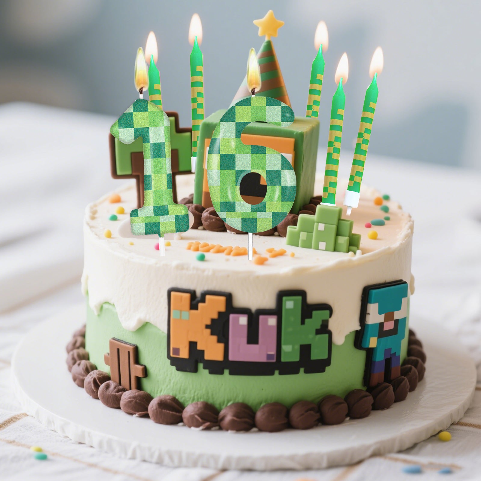 Green My World Candle Birthday Party Pixel Theme, Video Game Party Decoration, Cake Top Digital Candles for Cake