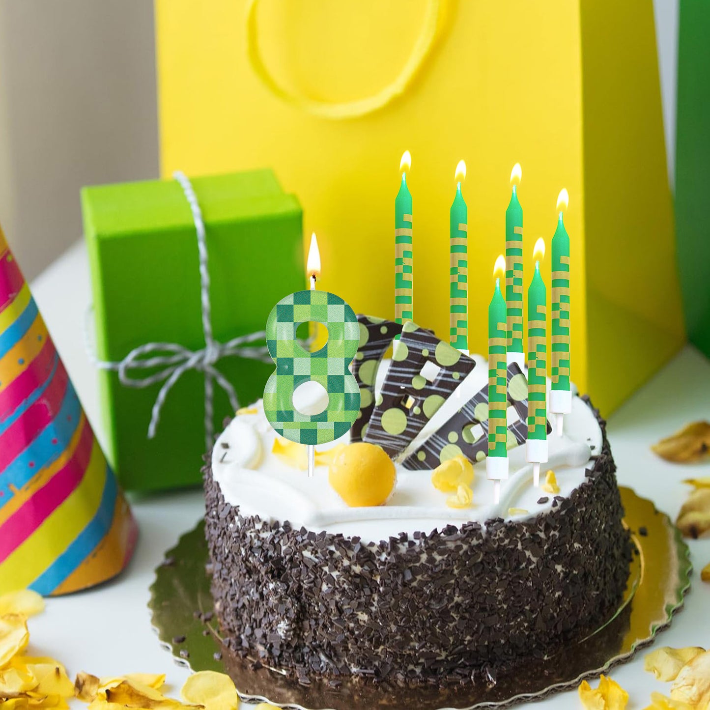 Green My World Candle Birthday Party Pixel Theme Video Game Party Decoration Cake Top Digital Candl 1
