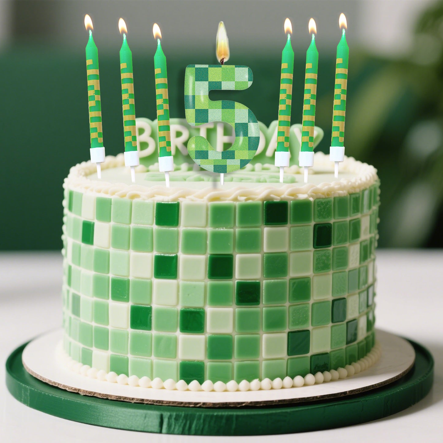 Green My World Candle Birthday Party Pixel Theme Video Game Party Decoration Cake Top Digital Candl 3