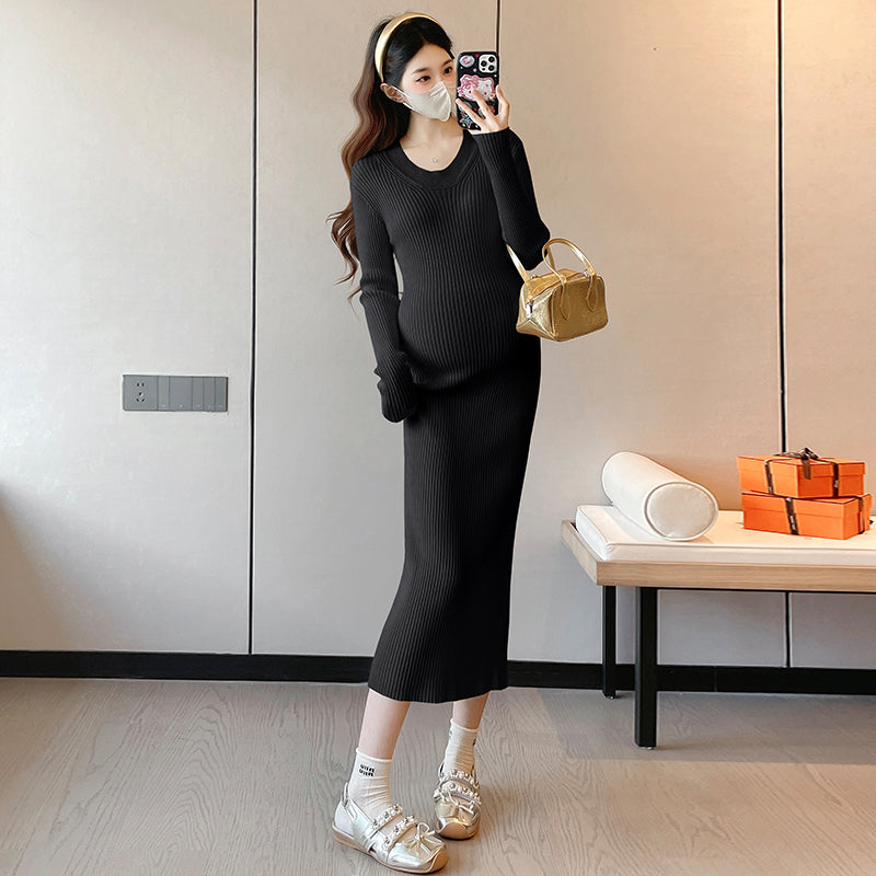 Autumn Winter Maternity Basic Dress, Slim Stretch Sweater Dress for Pregnant Women, Long Sleeve O-Neck Inner Dress
